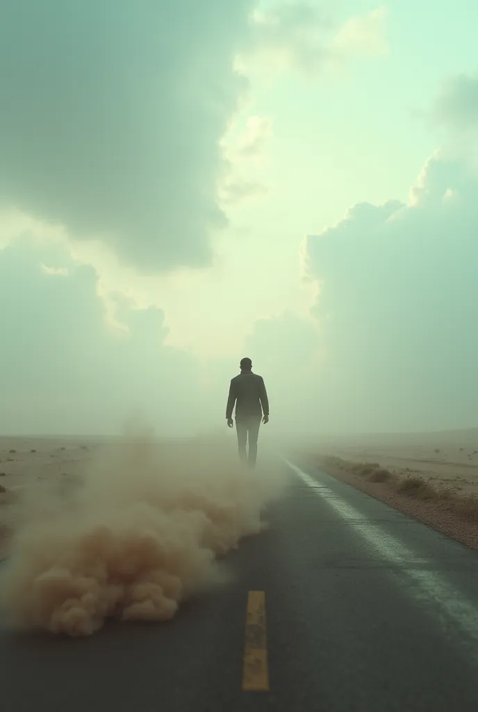 "A surreal and cinematic image of a lone man walking away into the distance, symbolizing escape and self-discovery. His figure gradually dissolves into the horizon, blending with the sky as if becoming part of the journey. The background is vast and dreaml...