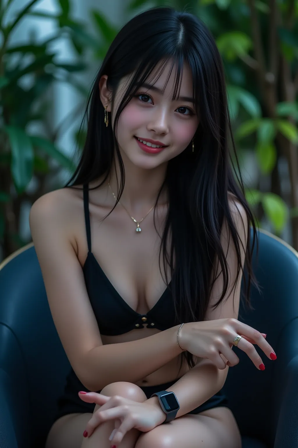  A charming, smiling young woman with long black hair and light skin, sitting on a chair and waiting for someone with a warm, gentle smile. She wears only a black bra and black panties, with her hands positioned as if gripping a gun, and a smartwatch on he...