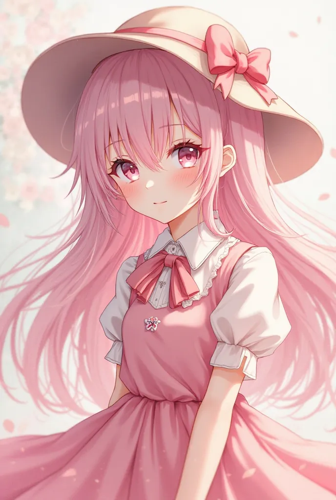  Anime girl, with beautiful long hair in soft pink color,with beautiful pink-white eyes, with a hat on the head with a pink ribbon, and in a beautiful strawberry dress