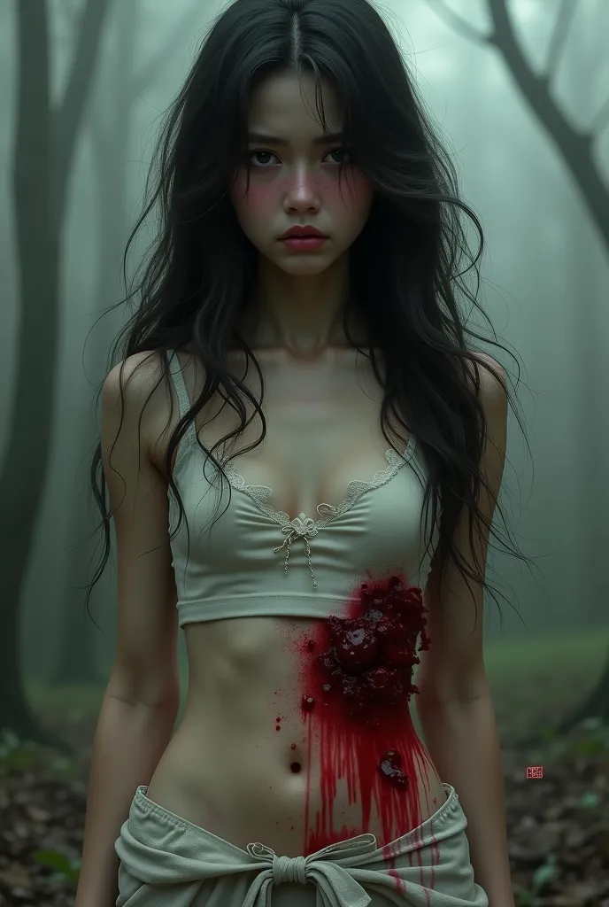 Beautiful girl with wavy long hair and stabbed