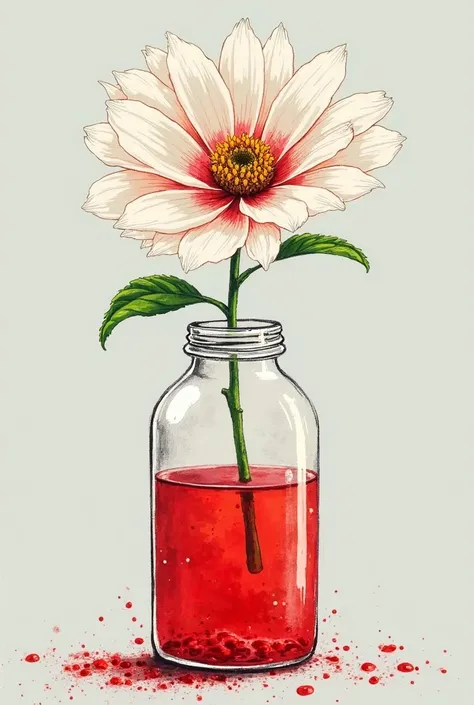 Show the effect on petals of White flower drinks red colored water from stems in a bot. Make sure to show the effect after 2 hrs, 4 hrs and 24 hrs in one picture. Make the picturs as if a  in grade 2 sketched it