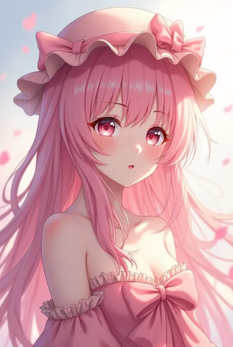 Adult anime girl, with beautiful long hair in soft pink color,with beautiful pink-white eyes, with a hat on his head with a pink ribbon, and in a beautiful strawberry dress