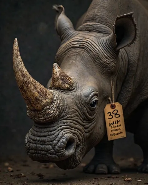 "A detailed close-up of a wild rhinoceros's tusks, shining and large. Show a realistic image of these tusks, with the background showing a price tag of 38 lakh rupees attached to the tusks. The image should have a dark and serious tone, highlighting the va...