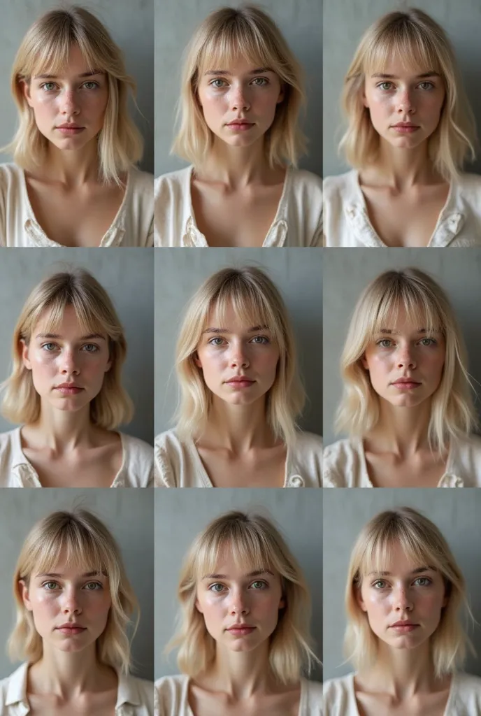 This photo is a combination of nine photographs arranged in a 3x3 grid, which depict the same European girl in different facial expressions and poses on a simple, muted gray background. 

The woman appears to be 20 years old, has fair skin, a toned build, ...