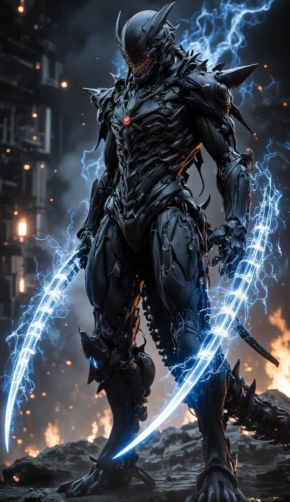 "A dark armored warrior standing in a fiery battlefield, illuminated by glowing blue energy veins running through the armor. The figure has a menacing presence, with sharp, angular armor plates and a helmet that obscures its face, making it look mysterious...