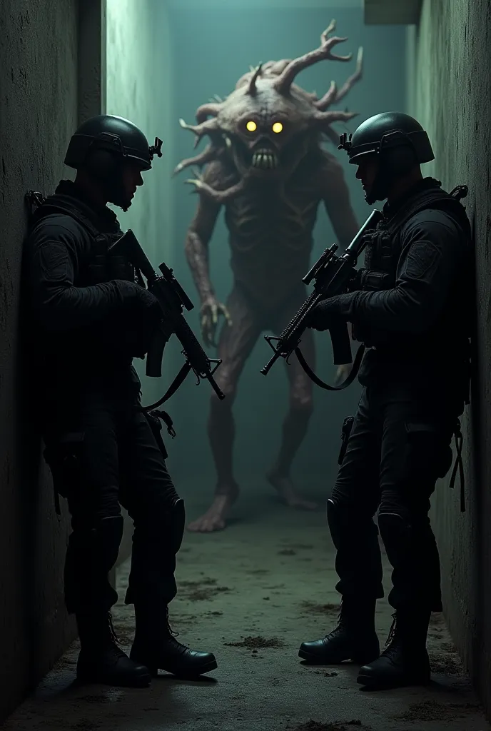 The image would show three soldiers dressed completely in black., With tactical equipment, leaning against a wall in combat posture. They are holding their M4A1 rifles firmly, pointing to the other side of the wall, where a terrifying monster lurks.

The m...