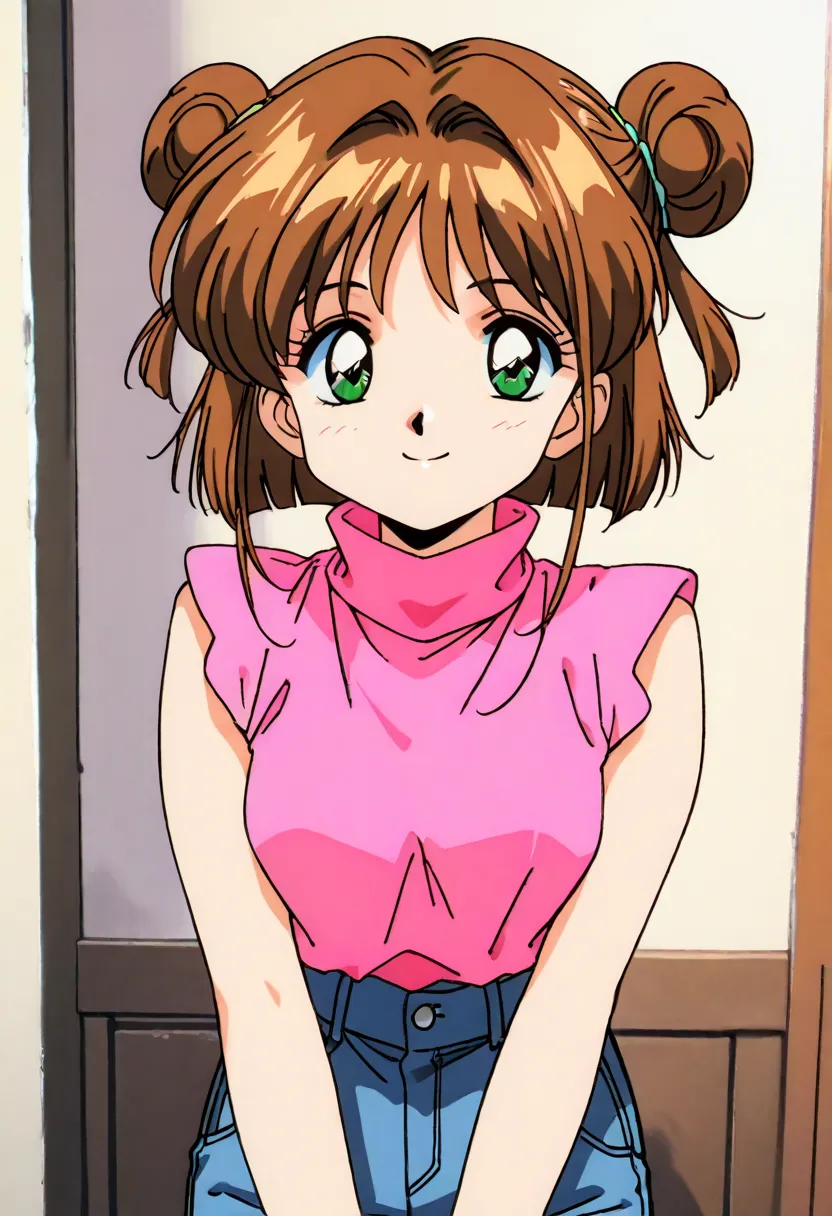 1girl, brown hair, double bun, green eyes, pink shirt, blue jeans, turtleneck, sleeveless, smile, looking at viewers, best quality, masterpiece, standing, 1990s_(Style),
Anime_Coloring