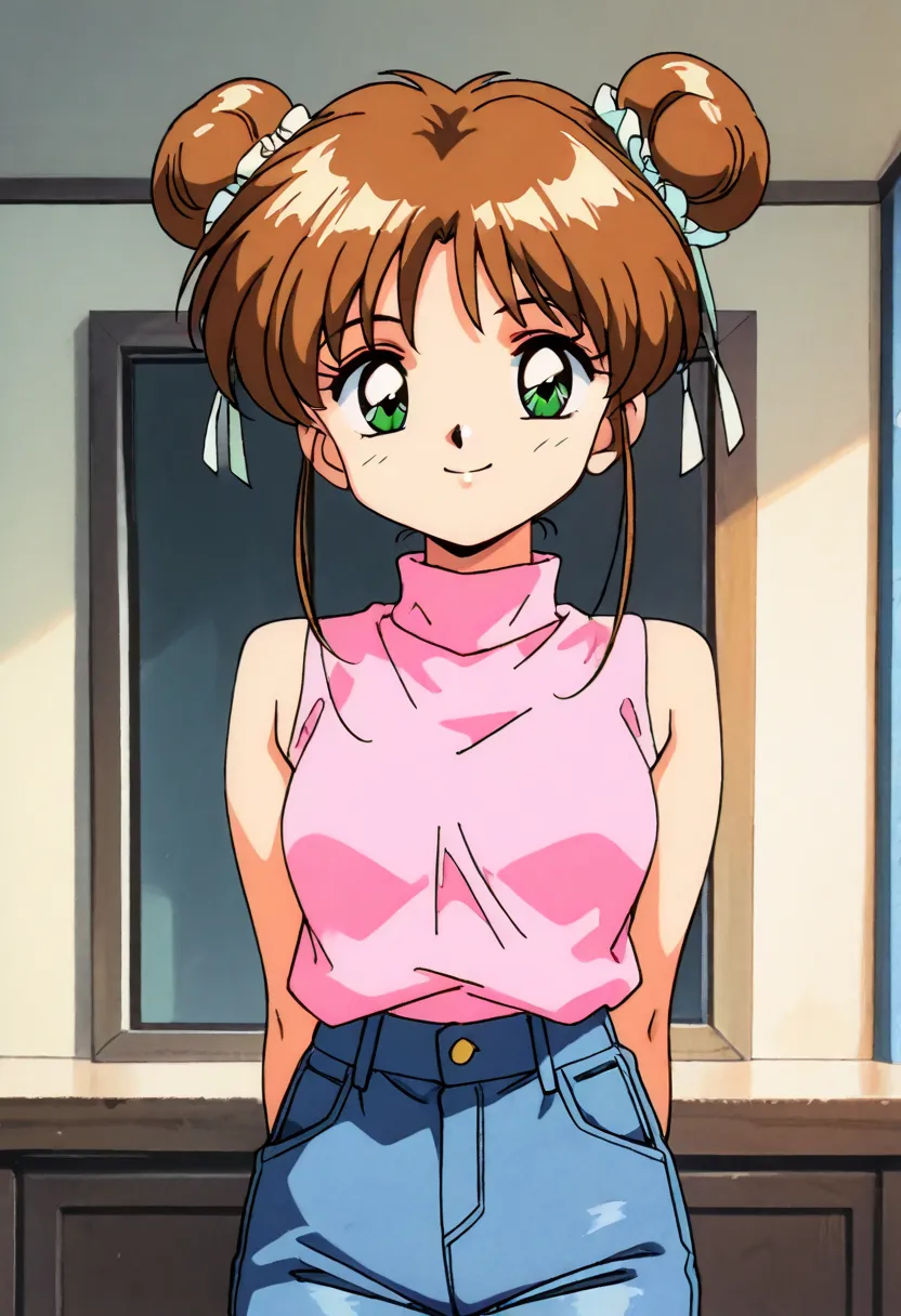 1girl, brown hair, double bun, green eyes, pink shirt, blue jeans, turtleneck, sleeveless, smile, looking at viewers, best quality, masterpiece, standing, 1990s_(Style),
Anime_Coloring