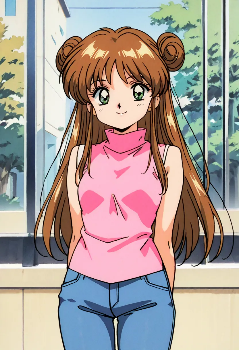 1girl, brown hair, double bun, green eyes, pink shirt, blue jeans, turtleneck, sleeveless, smile, looking at viewers, best quality, masterpiece, standing, 1990s_(Style),
Anime_Coloring