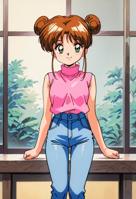 1girl, brown hair, double bun, green eyes, pink shirt, blue jeans, turtleneck, sleeveless, smile, looking at viewers, best quality, masterpiece, standing, 1990s_(Style),
Anime_Coloring