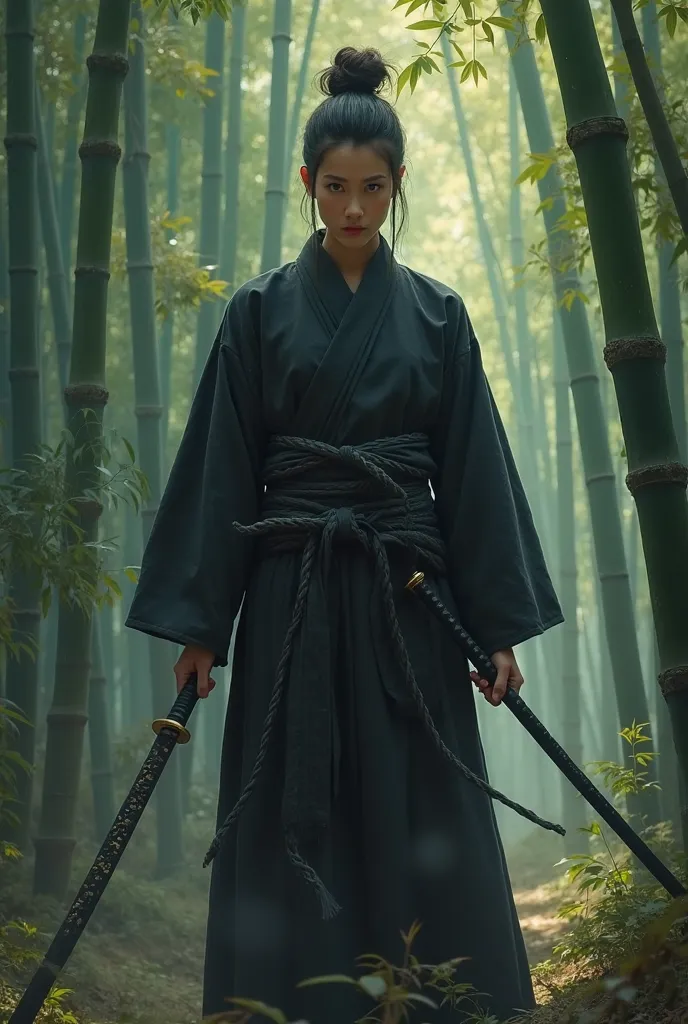 arafed ninja in black dress holding two swords in a bamboo forest, a painting inspired by Kanō Hōgai, shutterstock, creative print, holding a black katana , still from a live action movie, ronin,  holding a katana , movie still 8 k,  holding a katana , Tư ...