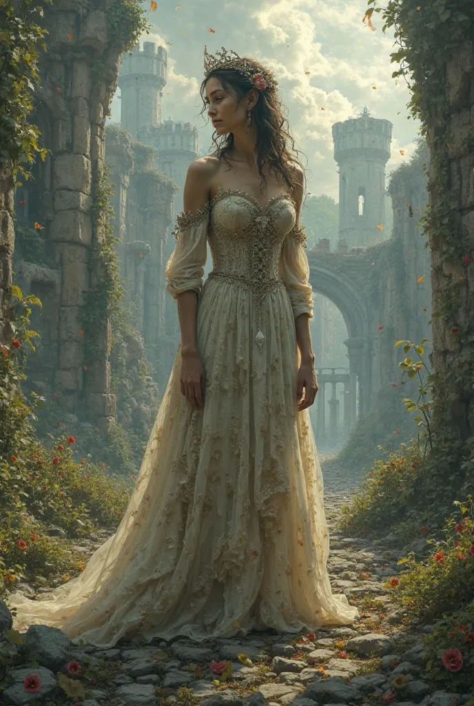 "A beautiful yet sorrowful princess stands alone in the ruins of her broken kingdom. She wears a tattered, once-elegant gown, with delicate embroidery now frayed and torn. A crooked, dented crown rests on her head, and her expression is a mix of grief and ...