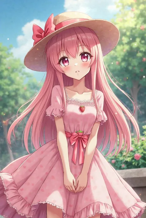 Adult anime girl, with beautiful long hair in soft pink color,with beautiful pink-white eyes, with a hat on the head with a pink ribbon, and in a beautiful strawberry dress, and she's in the garden where there are a lot of flowers and plants
Trees 