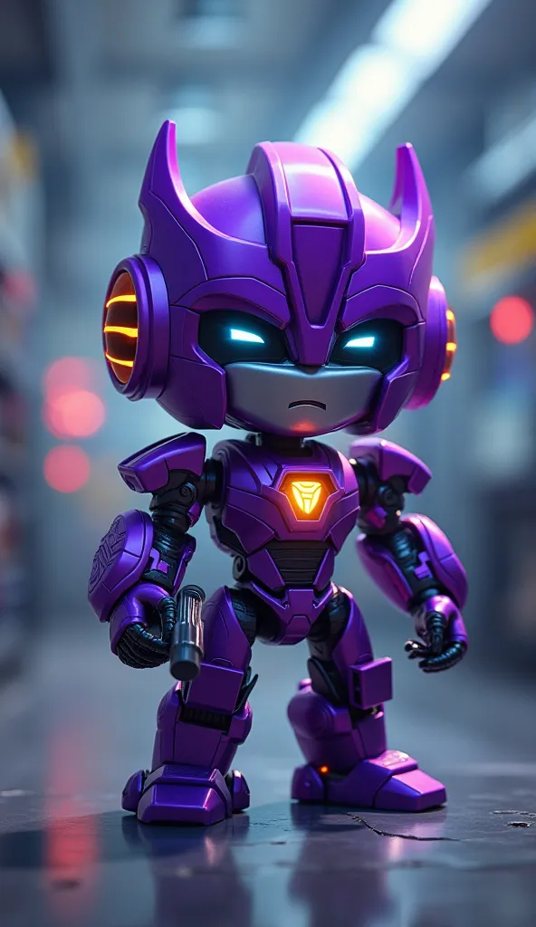 "An epic 4K digital painting of a baby Transformer inspired by Shockwave. His purple metallic body is sleek and smooth, with a glowing single eye that radiates intelligence. He holds a small energy blaster while standing in a high-tech cybernetic laborator...