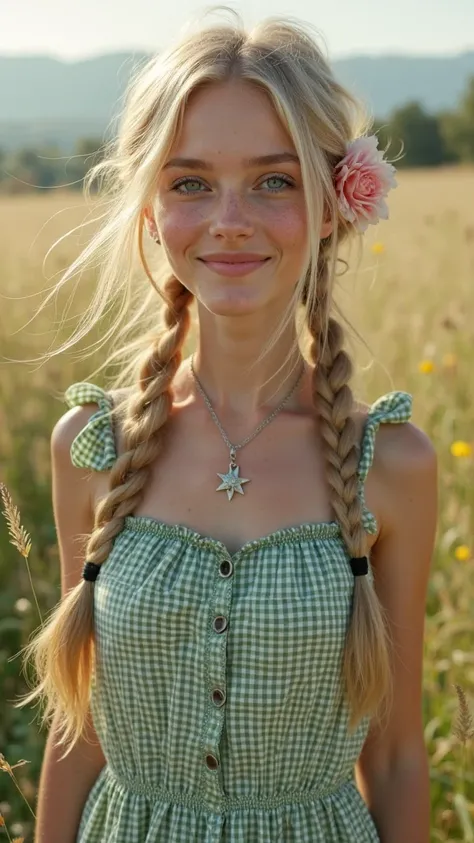 photorealistic, A  woman is standing in a meadow. She has long blond hair tied in two braided braids.  She has blue eyes and freckles .  she smiles . She is wearing a green and white checkered summer dress. She is wearing black ballerinas and white socks. ...