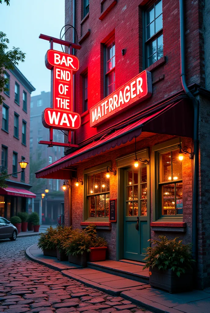 Make me a bar, On a street with rocks in the ground, His name is Bar End of the Way, Does it have a neon stop working, It has two floors and looks like it was in the 80s 