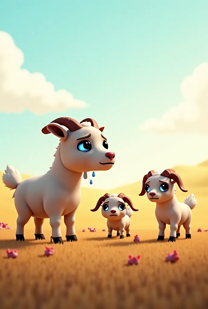 "A pixel 3D morning scene where a devastated mother goat and her three baby goats stand in an empty farm field. The mother goat has pixelated tears in her large, and the baby goats look sad with drooping ears. The sky has a slightly cloudy voxel texture, a...