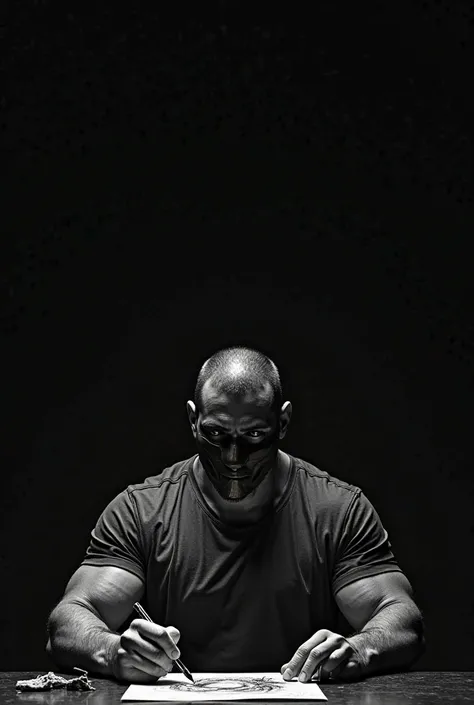 Man with muscular body wearing a mask, wearing a jacket and t-shirt, drawing at a desk,  with black background 