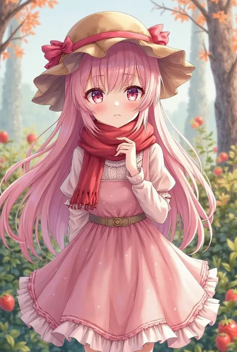 Adult anime girl, with beautiful long hair in soft pink color,with beautiful pink-white eyes, scarf with a hat on the head with a pink ribbon, and in a beautiful strawberry dress, and she's in the garden where there are a lot of flowers and plants
Trees 