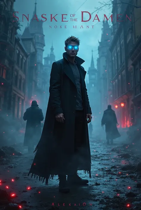 

"A dark fantasy and supernatural thriller book cover for 'Dark City: Shadow of the Damned.' The central figure, Erikson, stands as a mysterious and powerful character, partially shadowed, with glowing blue supernatural eyes. He wears a long, flowing blac...