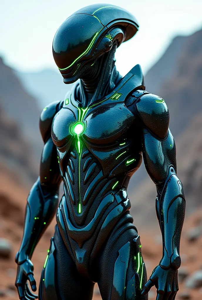 Create a highly advanced full body alien armor design that showcases a blend of organic and technological features for a muscular male. The armor should be sleek and aerodynamic, featuring bioluminescent patterns that pulse with energy. Incorporate element...