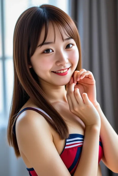 blushing, embarrassed, masturbating with fingers, A hyper-realistic portrait of a beautiful 17-year-old Japanese cute girl as an idol. She has long, golden-brown hair and sparkling bright eyes. A Naked stylish idol, She is smiling radiantly in a cheerful p...