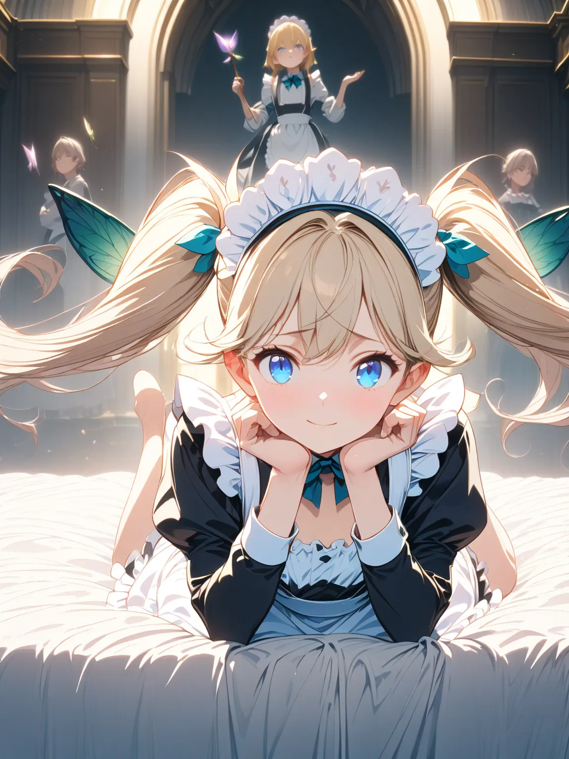  Blonde Twin Tail Maid Daughter , (Highest quality), not exhaustive,  8K product, aesthetics, Volume Lighting, very well detailed (Fairy), (one girl), perfect face, exhaustive, Double Twintails,  Brant Bang, gray hair,  blue eyes, pink,  Thin Smile , Kawas...