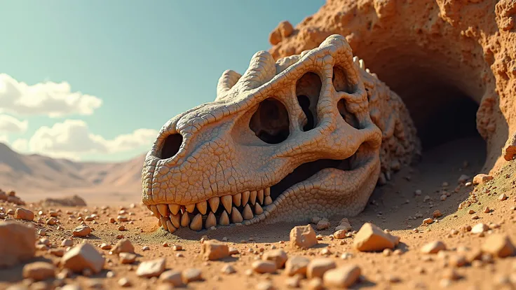 archaeological excavation area with a tyrannosaurus skull in the desert seen up close with no people in the image