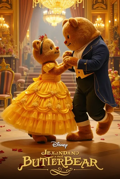 A breathtaking Disney movie poster titled “Beauty and ButterBear”, featuring Butterbear as Belle in a grand, enchanted ballroom. The fluffy brown bear mascot dons a flowing golden gown, its skirt billowing gracefully as it twirls in an elegant waltz with t...