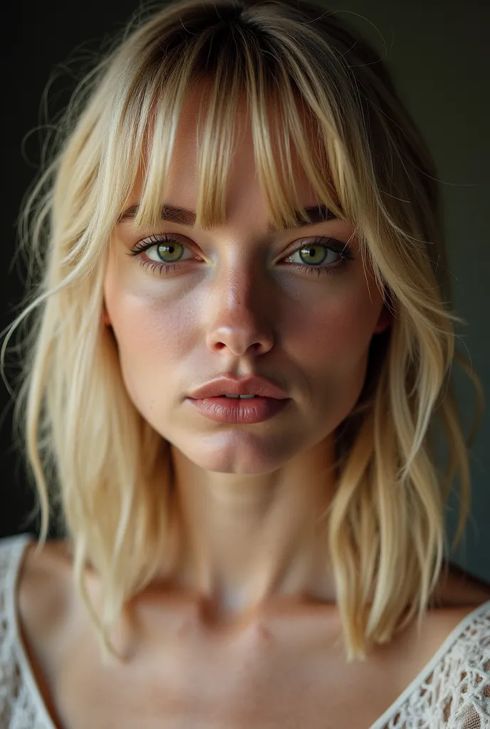 The woman appears to be 20 years old, has fair skin, a toned build and a square face, and is European. The girl has shoulder-length blonde hair with bangs and green eyes. 
Her facial expression ranges from neutral to slightly joyful, with subtle changes in...