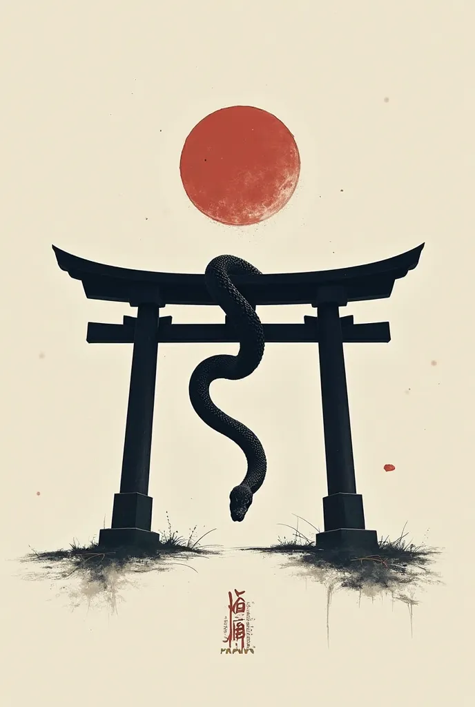 A negative space design drawing related to Japanese shrines and snakes