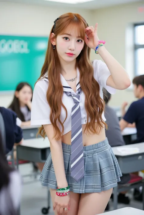 Best quality, 8k, masterpiece, super high resolution, (photorealistic: 1.4), RAW photo, (Caramel Hair、Bright and long hair ), (sexy school uniform:1.2),(school uniforms:1.3), (beige solid-color clothes around waist:1.5), (knot on waist:1.3), (white collare...