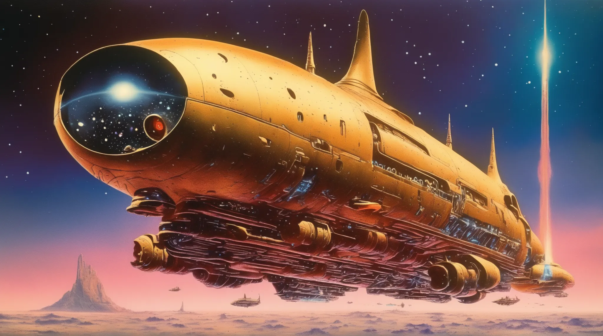 Mobis (Jean Giraud) Style - A picture by Jean Giraud Mobis, The picture shows a  Spaceship in deep sky, Science fiction illustrations, Retro-future. Sci-fi illustrations , Impressive retro-future Spaceship, galaxy, Distant nebulas. Shot with Panavision Pan...