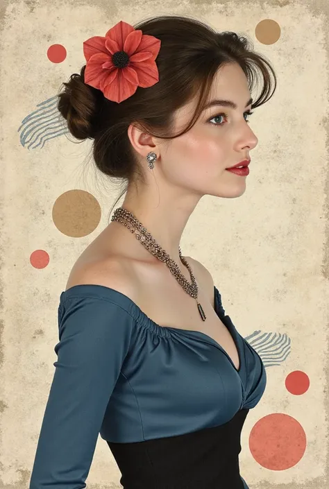 ```
[Portrait de profil deux figure féminine stylisée. hugging behind, Son visage est composé de formes géométriques et de textures, avec un seul œil sombre visible. elle porte un haut bleu sarcelle, décolleté impressionnant,  blouse victorienne , la parti...