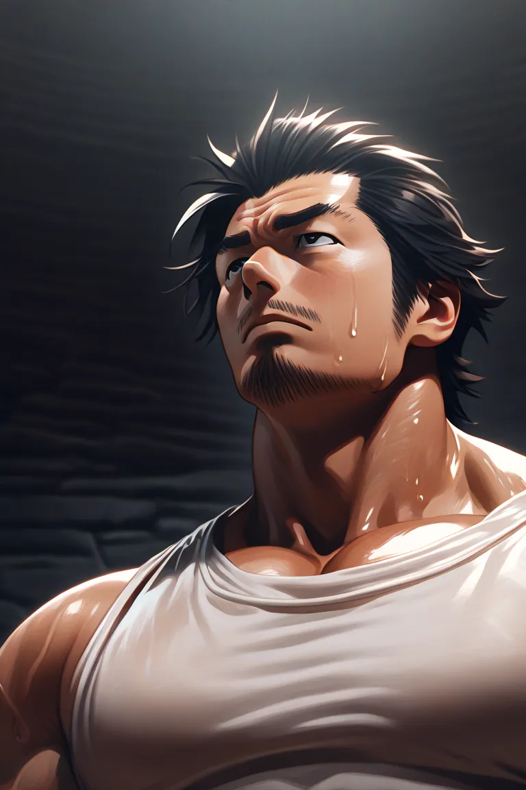 Yami Sukehiro, Japanese man，A little beard，Square-shaped eyes， thick eyebrows，black hair short all back，developed pectoral muscles and neck，white tank top，sweaty, hairy pec, look up