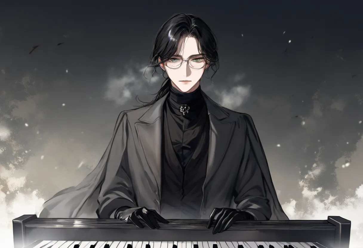 1boy, male, very thin, dark green eyes, (short), sharp facial features, black hair, hair ponytail on shoulder, (disheveled bangs), silver-rimmed glasses, black eyeliner, black turtleneck, black mole near his left eye, black gloves, dark gray cardigan, Vict...