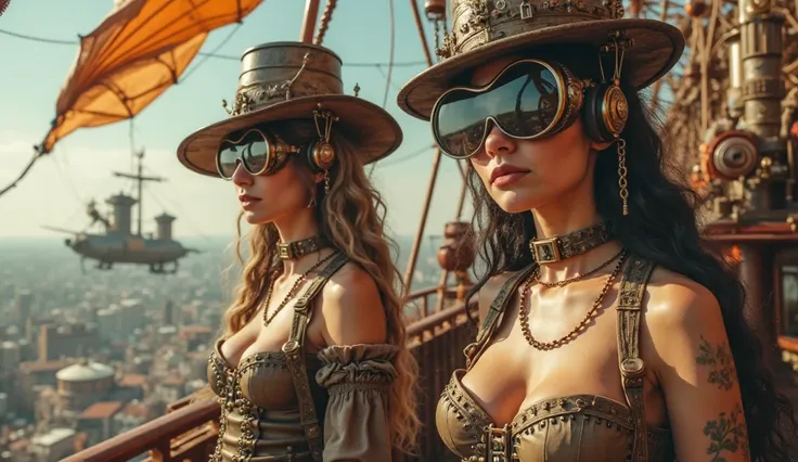 On the airship inside Sexy steampunk girls with large inflatable breasts in cylindrical hats and a transparent corset wearing futuristic glasses Climb the steampunk airship. In front of a steampunk building,  day