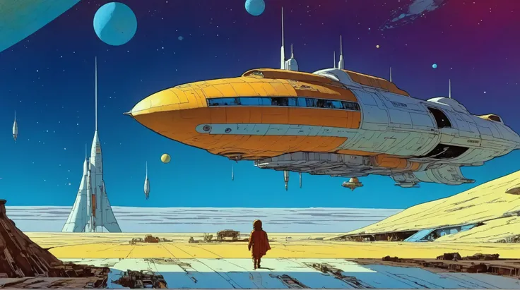 Moebius (Jean Giraud) Style - A picture by Jean Giraud Moebius, Spaceship taking off towards deep sky, Impressive retro-future Spaceship, galaxy, Distant nebulas in the background. In Moebius' signature style with sharp detailing and vibrant colors. Shot w...