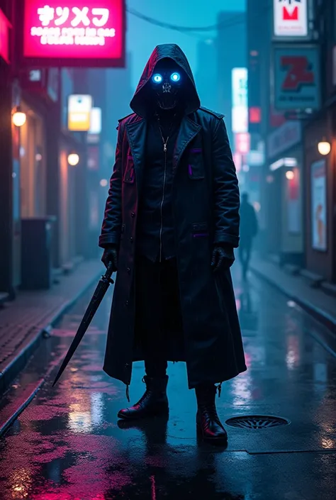 A masked cyberpunk assassin with glowing blue robotic eyes, wearing a sleek black coat with neon purple accents. Standing on a rain-soaked alleyway, surrounded by neon billboards reflecting on the wet pavement. Over-the-shoulder perspective, the assassin g...