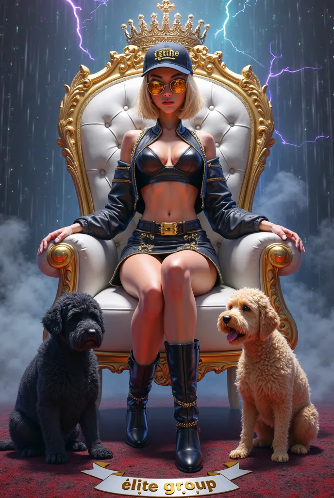 A 3D illustration of a sensual animated character sitting on a white couch and a golden throne. The character must wear elegant clothing, modern and futuristic, black miniskirt with gold, black jacket with gold,  knee-high boots. A flat black cap with gold...