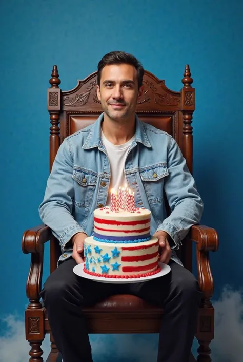 The image shows a person sitting on an ornate wooden chair with a high backrest. The person's face . The person is wearing a light blue denim jacket over a white shirt and black pants. In front of the person, there is a three-tiered cake decorated with red...