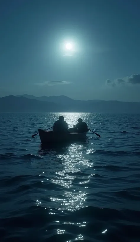 Ultra-realistic 4K image of the Sea of Galilee now calm and peaceful. The once violent waves have turned into gentle ripples reflecting the moonlight. The disciples sit in the boat, exhausted but in awe of what they have just witnessed.
