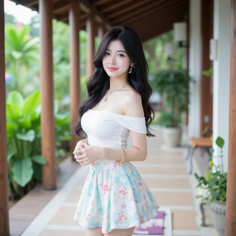 16k clear photo quality,best quality,  photo-realistic, sharp focus ,The eyes and face are very detailed. A beautiful 16-year-old Thai girl, she smiles softly, loves to smile on her right side, brown skin, long hair, black curls and bangs, wears jewelry, b...