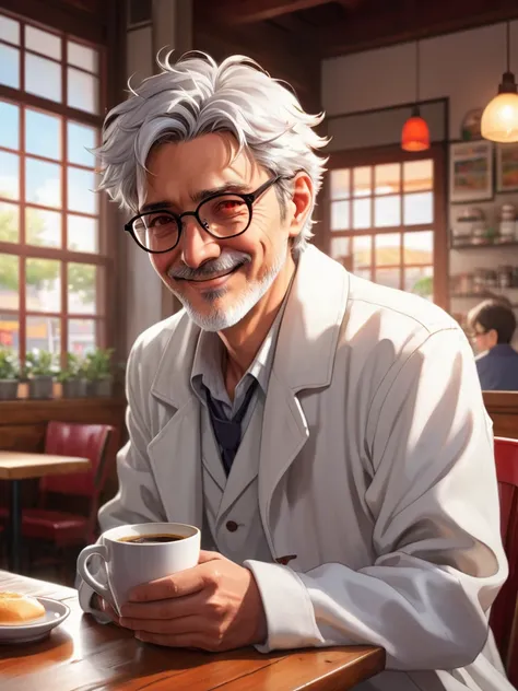 Anime-style illustration of a middle-aged male character with short, slightly messy hair, wearing glasses and a white scientist’s coat over a casual outfit. His sharp red eyes contrast with his cheerful and lively smile as he holds a steaming cup of coffee...