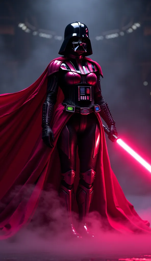 (best quality, 128k,highres,masterpiece:1.2),ultra-detailed,(realistic,photorealistic,photo-realistic:1.37), ((masterpiece)) ((photography)) ((Highest quality)) A hyper-realistic, full-body illustration of a curvy sexy female version of Darth Vader, wearin...