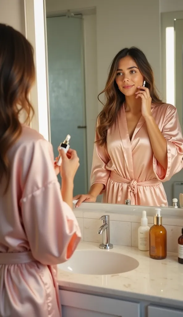 "A cozy bathroom setup with a neatly arranged skincare station featuring cleansers, serums, and moisturizers. A young woman in a silk robe looks into a mirror with confidence, gently massaging a serum onto her face. A natural, soft-lit morning glow fills t...