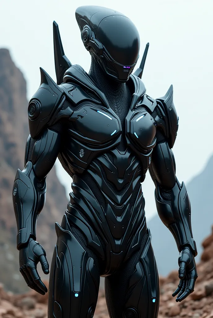 Create a highly detailed image of an advanced black alien armor, designed for a futuristic muscular warrior. The armor should feature sleek, aerodynamic lines and an intricate pattern that suggests advanced technology. Include retractable mechanical wings ...