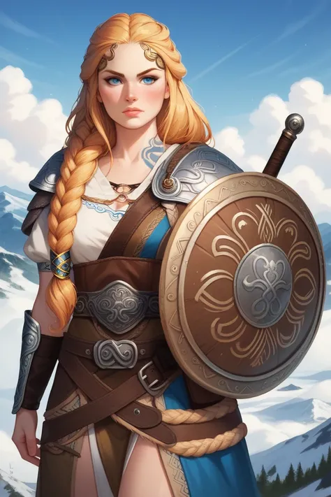 
"A blond Norse warrior, with long golden hair braided in Viking style, intense blue eyes that reflect determination and courage. She wears authentic Norse warrior clothing, with leather and metal details, adorned with runes and protection symbols. In one ...