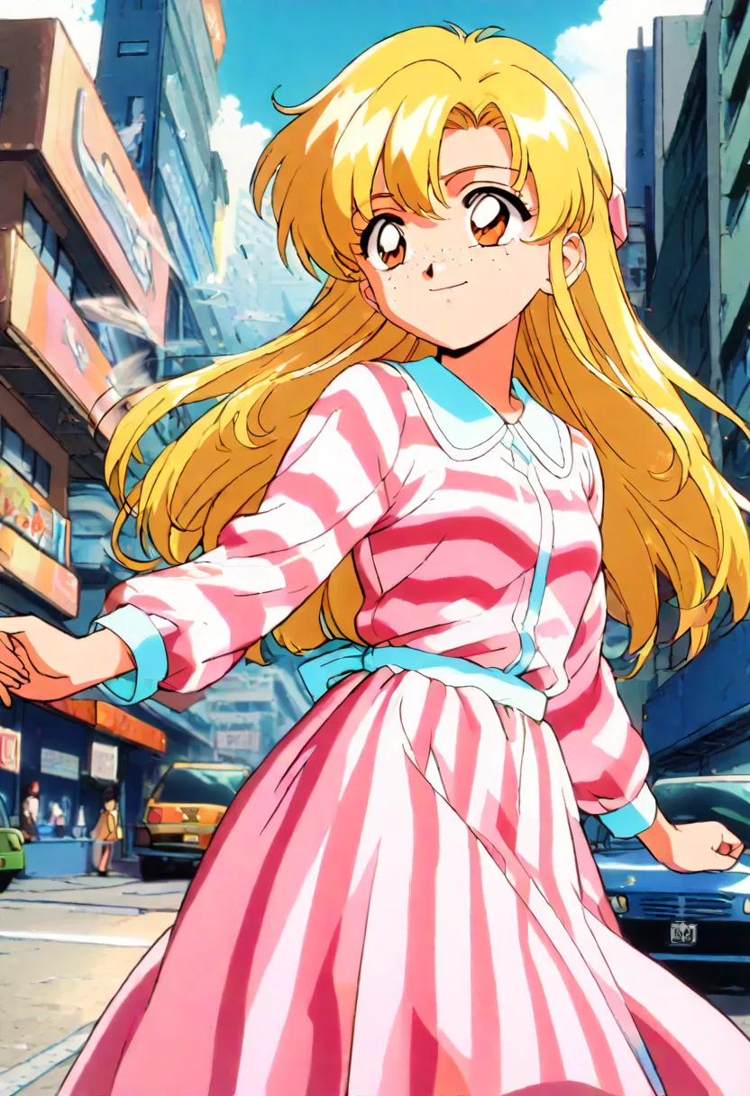  1990s_(Style), Anime_Coloring, ((masterpiece,best quality)), absurdres, BREAK, 1girl, yellow hair, pink dress, orange eyes, striped dress, long sleeves, smile, freckles, smile, best quality, masterpiece, standing, day, city, long hair,