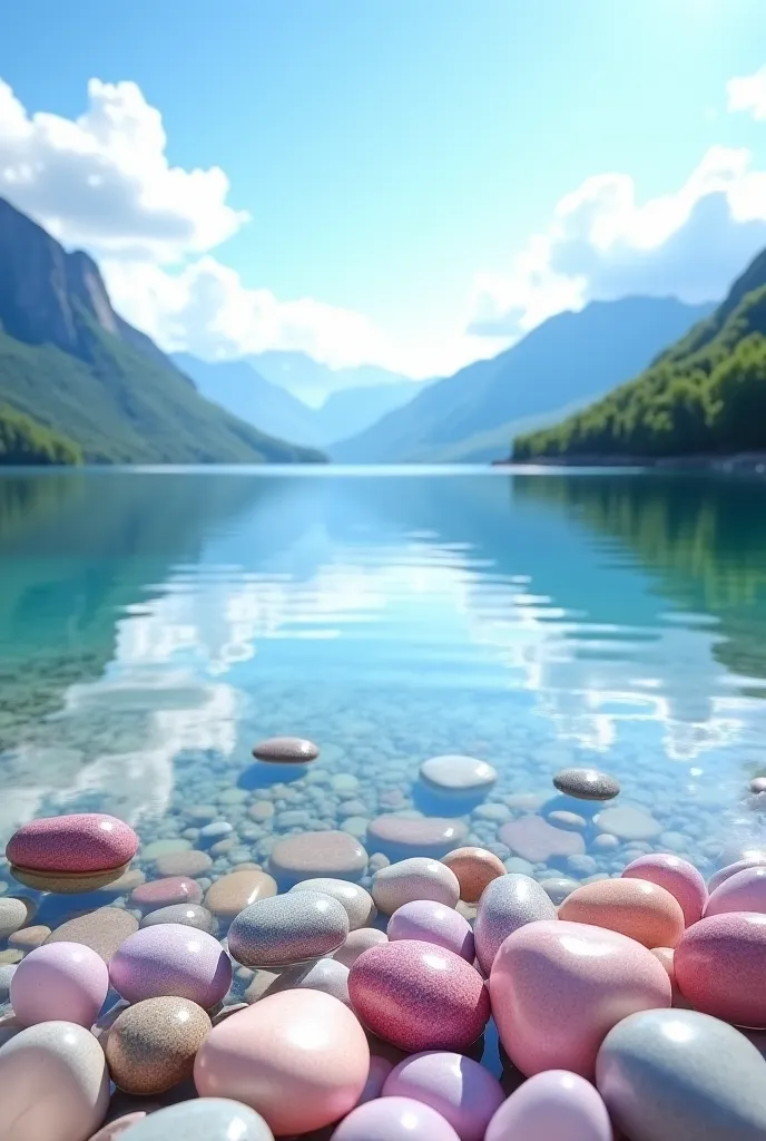 This is a picture of a beautiful landscape that shows a clear lake surrounded by green mountains and covered with a clear blue sky with white clouds. The foreground shows the lake shore covered with smooth and colored stones in pastel colors, giving the sc...